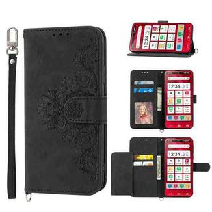 For Sharp Simple Sumaho 6 Skin-feel Flowers Embossed Wallet Leather Phone Case(Black)