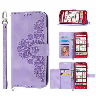 For Sharp Simple Sumaho 6 Skin-feel Flowers Embossed Wallet Leather Phone Case(Purple)