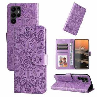 For Samsung Galaxy S23 Ultra 5G Embossed Sunflower Leather Phone Case(Purple)