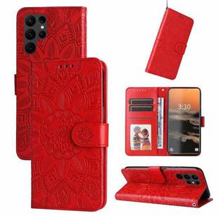 For Samsung Galaxy S23 Ultra 5G Embossed Sunflower Leather Phone Case(Red)