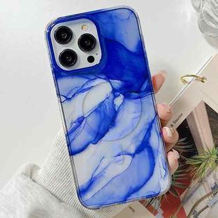 For iPhone 14 Plus Marble Dual-side Laminating Magsafe Phone Case(White Blue)