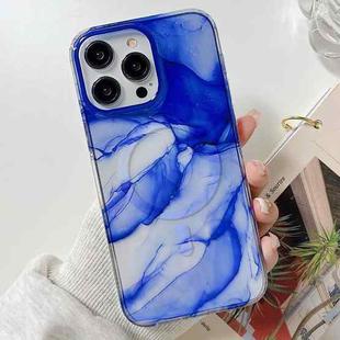 For iPhone 14 Pro Max Marble Dual-side Laminating Magsafe Phone Case(White Blue)