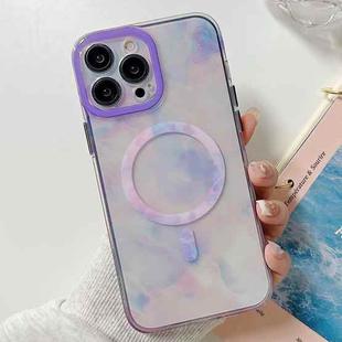 For iPhone 14 Marble Dual-side Laminating Magsafe Phone Case(White Purpel)