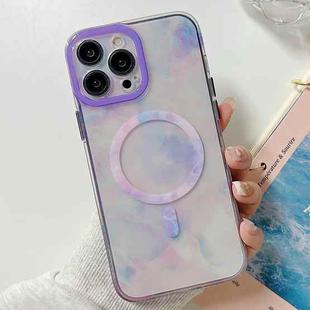 For iPhone 14 Plus Marble Dual-side Laminating Magsafe Phone Case(White Purpel)