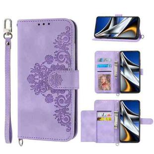 For Xiaomi Poco X4 Pro 5G Global Skin-feel Flowers Embossed Wallet Leather Phone Case(Purple)