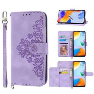 Skin-feel Flowers Embossed Wallet Leather Phone Case For Xiaomi Redmi Note 11T Pro/Note 11T Pro+ 5G/Poco X4 GT 5G/Redmi K50i(Purple)