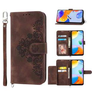 Skin-feel Flowers Embossed Wallet Leather Phone Case For Xiaomi Redmi Note 11T Pro/Note 11T Pro+ 5G/Poco X4 GT 5G/Redmi K50i(Brown)