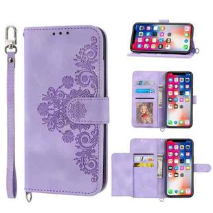 For Samsung Galaxy A22 5G JP Version Skin-feel Flowers Embossed Wallet Leather Phone Case(Purple)