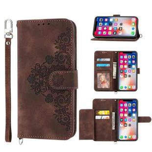 For Samsung Galaxy A22 5G JP Version Skin-feel Flowers Embossed Wallet Leather Phone Case(Brown)