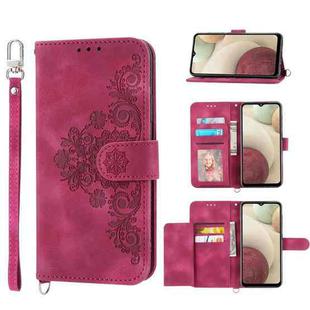 For Samsung Galaxy A22 4G Skin-feel Flowers Embossed Wallet Leather Phone Case(Wine Red)