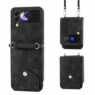 For Samsung Galaxy Z Flip4 Skin-feel Flowers Embossed Wallet Leather Phone Case(Black)