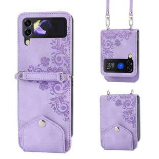 For Samsung Galaxy Z Flip4 Skin-feel Flowers Embossed Wallet Leather Phone Case(Purple)