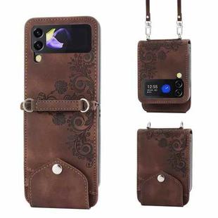 For Samsung Galaxy Z Flip4 Skin-feel Flowers Embossed Wallet Leather Phone Case(Brown)