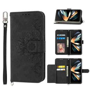 For Samsung Galaxy Z Fold4 Skin-feel Flowers Embossed Wallet Leather Phone Case(Black)