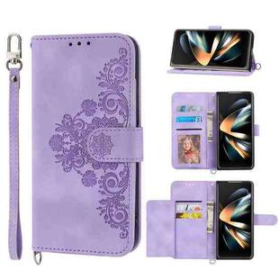 For Samsung Galaxy Z Fold4 Skin-feel Flowers Embossed Wallet Leather Phone Case(Purple)