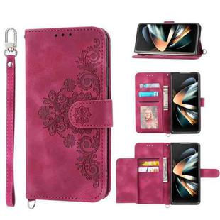For Samsung Galaxy Z Fold4 Skin-feel Flowers Embossed Wallet Leather Phone Case(Wine Red)