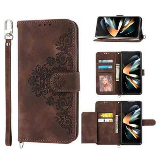 For Samsung Galaxy Z Fold4 Skin-feel Flowers Embossed Wallet Leather Phone Case(Brown)