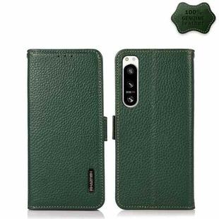 For Sony Xperia 5 IV KHAZNEH Side-Magnetic Litchi Genuine Leather RFID Case(Green)
