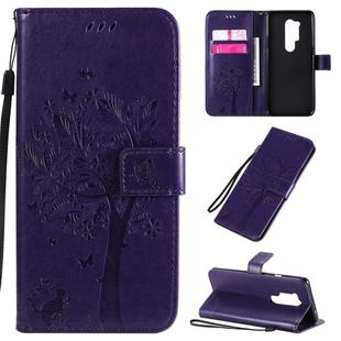 For OnePlus 8 Pro Tree & Cat Pattern Pressed Printing Horizontal Flip PU Leather Case with Holder & Card Slots & Wallet & Lanyard(Purple)