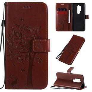 For OnePlus 8 Pro Tree & Cat Pattern Pressed Printing Horizontal Flip PU Leather Case with Holder & Card Slots & Wallet & Lanyard(Brown)