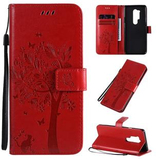 For OnePlus 8 Pro Tree & Cat Pattern Pressed Printing Horizontal Flip PU Leather Case with Holder & Card Slots & Wallet & Lanyard(Red)