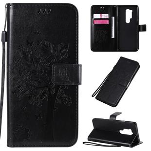 For OnePlus 8 Pro Tree & Cat Pattern Pressed Printing Horizontal Flip PU Leather Case with Holder & Card Slots & Wallet & Lanyard(Black)