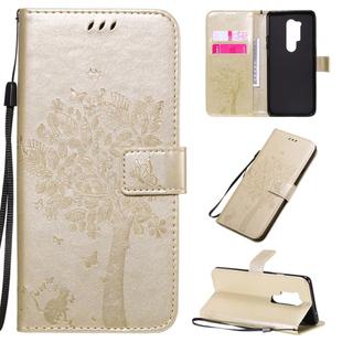 For OnePlus 8 Pro Tree & Cat Pattern Pressed Printing Horizontal Flip PU Leather Case with Holder & Card Slots & Wallet & Lanyard(Gold)
