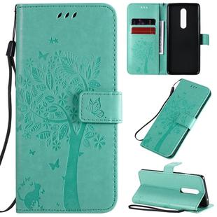 For OnePlus 8 Tree & Cat Pattern Pressed Printing Horizontal Flip PU Leather Case with Holder & Card Slots & Wallet & Lanyard(Green)