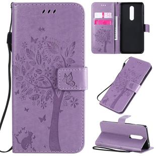 For OnePlus 8 Tree & Cat Pattern Pressed Printing Horizontal Flip PU Leather Case with Holder & Card Slots & Wallet & Lanyard(Light Purple)