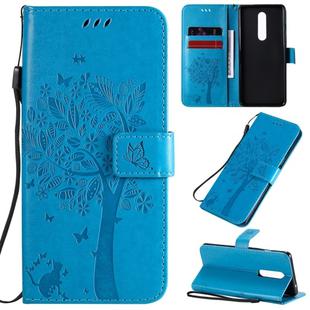 For OnePlus 8 Tree & Cat Pattern Pressed Printing Horizontal Flip PU Leather Case with Holder & Card Slots & Wallet & Lanyard(Blue)