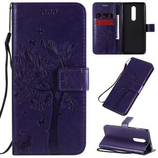 For OnePlus 8 Tree & Cat Pattern Pressed Printing Horizontal Flip PU Leather Case with Holder & Card Slots & Wallet & Lanyard(Purple)