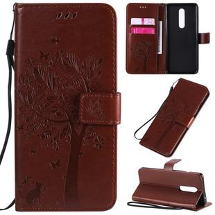 For OnePlus 8 Tree & Cat Pattern Pressed Printing Horizontal Flip PU Leather Case with Holder & Card Slots & Wallet & Lanyard(Brown)