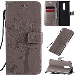 For OnePlus 8 Tree & Cat Pattern Pressed Printing Horizontal Flip PU Leather Case with Holder & Card Slots & Wallet & Lanyard(Grey)