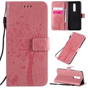 For OnePlus 8 Tree & Cat Pattern Pressed Printing Horizontal Flip PU Leather Case with Holder & Card Slots & Wallet & Lanyard(Pink)