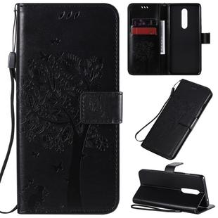 For OnePlus 8 Tree & Cat Pattern Pressed Printing Horizontal Flip PU Leather Case with Holder & Card Slots & Wallet & Lanyard(Black)