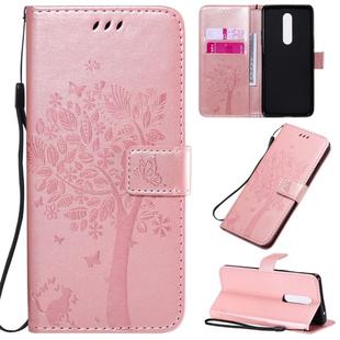 For OnePlus 8 Tree & Cat Pattern Pressed Printing Horizontal Flip PU Leather Case with Holder & Card Slots & Wallet & Lanyard(Rose Gold)