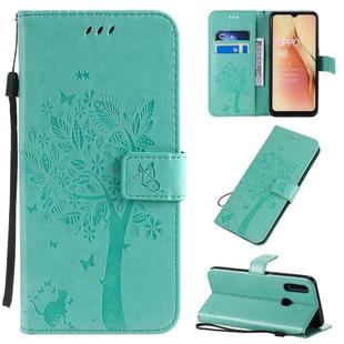For OPPO A8 / A31 (2020) Tree & Cat Pattern Pressed Printing Horizontal Flip PU Leather Case with Holder & Card Slots & Wallet & Lanyard(Green)