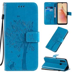 For OPPO A8 / A31 (2020) Tree & Cat Pattern Pressed Printing Horizontal Flip PU Leather Case with Holder & Card Slots & Wallet & Lanyard(Blue)