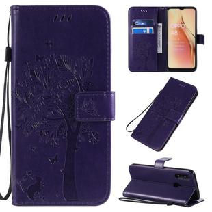 For OPPO A8 / A31 (2020) Tree & Cat Pattern Pressed Printing Horizontal Flip PU Leather Case with Holder & Card Slots & Wallet & Lanyard(Purple)