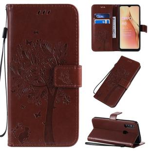 For OPPO A8 / A31 (2020) Tree & Cat Pattern Pressed Printing Horizontal Flip PU Leather Case with Holder & Card Slots & Wallet & Lanyard(Brown)