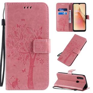 For OPPO A8 / A31 (2020) Tree & Cat Pattern Pressed Printing Horizontal Flip PU Leather Case with Holder & Card Slots & Wallet & Lanyard(Pink)