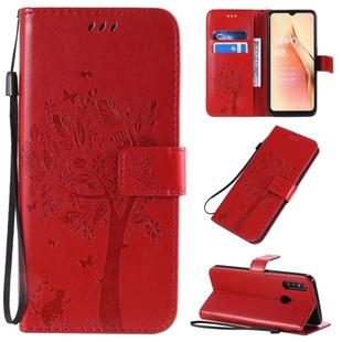 For OPPO A8 / A31 (2020) Tree & Cat Pattern Pressed Printing Horizontal Flip PU Leather Case with Holder & Card Slots & Wallet & Lanyard(Red)