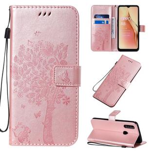 For OPPO A8 / A31 (2020) Tree & Cat Pattern Pressed Printing Horizontal Flip PU Leather Case with Holder & Card Slots & Wallet & Lanyard(Rose Gold)