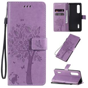 For OPPO Find X2 Pro Tree & Cat Pattern Pressed Printing Horizontal Flip PU Leather Case with Holder & Card Slots & Wallet & Lanyard(Light Purple)