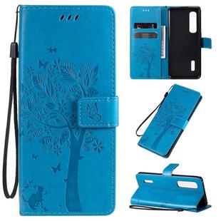 For OPPO Find X2 Pro Tree & Cat Pattern Pressed Printing Horizontal Flip PU Leather Case with Holder & Card Slots & Wallet & Lanyard(Blue)