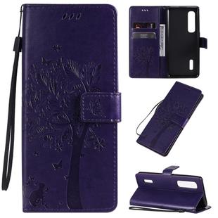 For OPPO Find X2 Pro Tree & Cat Pattern Pressed Printing Horizontal Flip PU Leather Case with Holder & Card Slots & Wallet & Lanyard(Purple)
