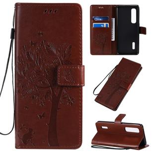 For OPPO Find X2 Pro Tree & Cat Pattern Pressed Printing Horizontal Flip PU Leather Case with Holder & Card Slots & Wallet & Lanyard(Brown)