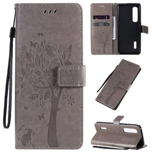 For OPPO Find X2 Pro Tree & Cat Pattern Pressed Printing Horizontal Flip PU Leather Case with Holder & Card Slots & Wallet & Lanyard(Grey)