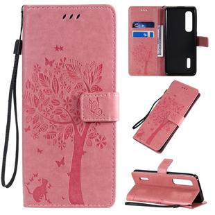 For OPPO Find X2 Pro Tree & Cat Pattern Pressed Printing Horizontal Flip PU Leather Case with Holder & Card Slots & Wallet & Lanyard(Pink)