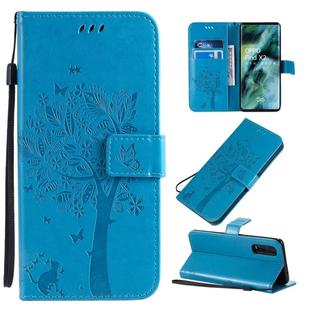 For OPPO Find X2 Tree & Cat Pattern Pressed Printing Horizontal Flip PU Leather Case with Holder & Card Slots & Wallet & Lanyard(Blue)